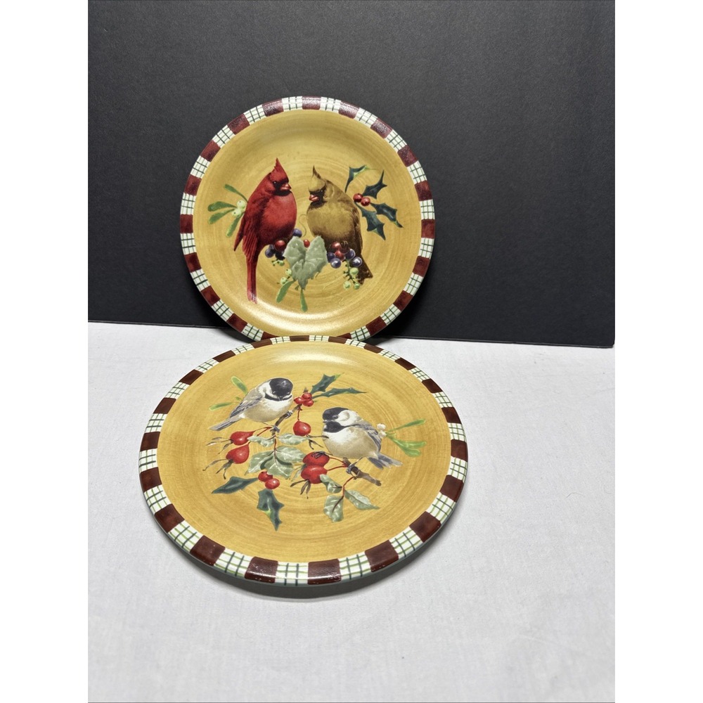 2 LENOX Winter Greetings 8.5" Salad Plates Birds Chickadee Cardinal